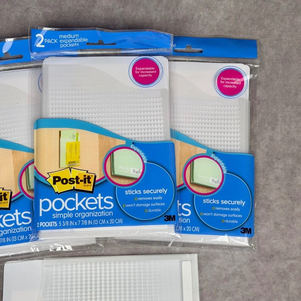 Post-it Pockets Medium Expandable Adhesive Organizer Clear White 7 Pieces NEW